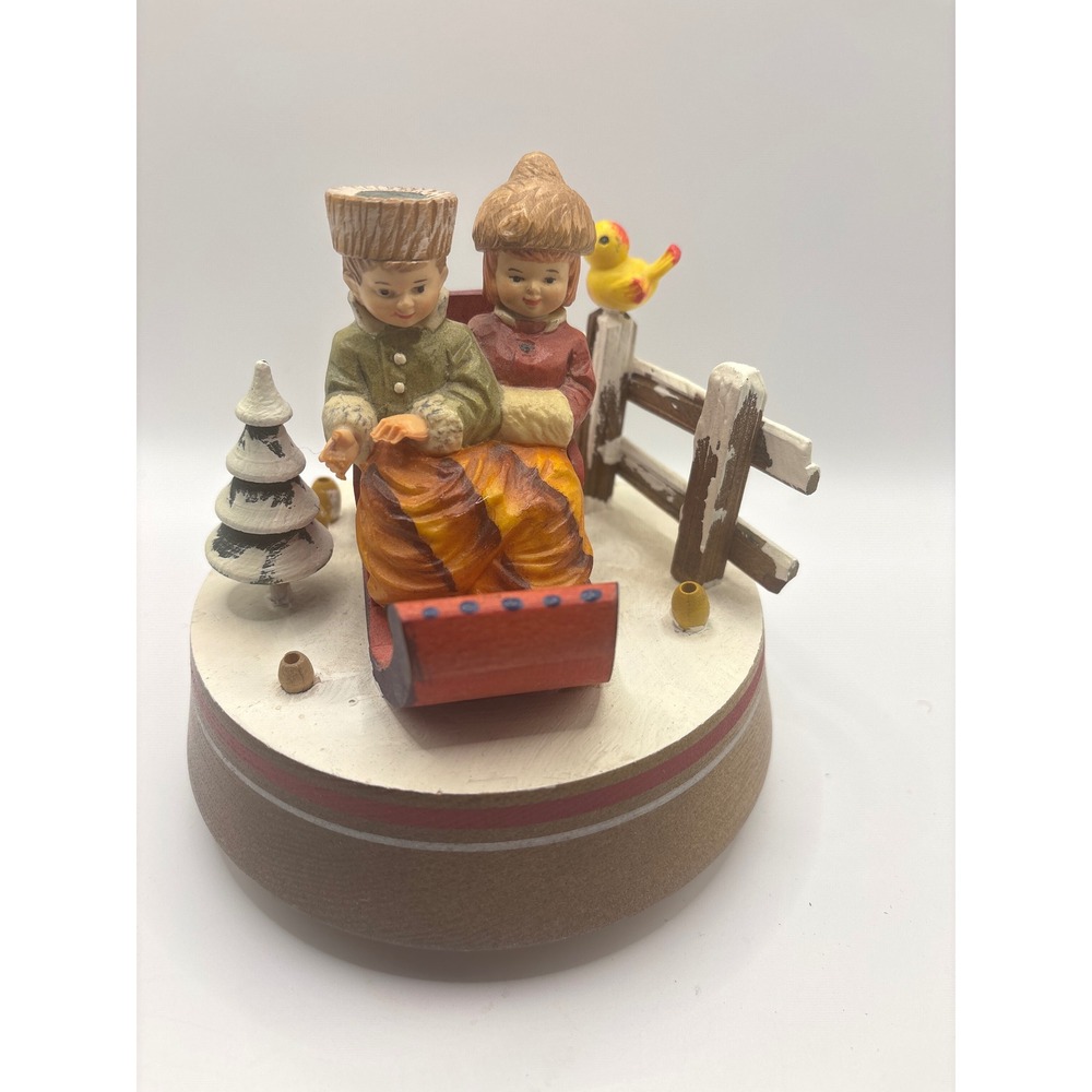 Vintage ANRI Wood Carved Music Box Lara's Theme Sledding Children Winter Scene